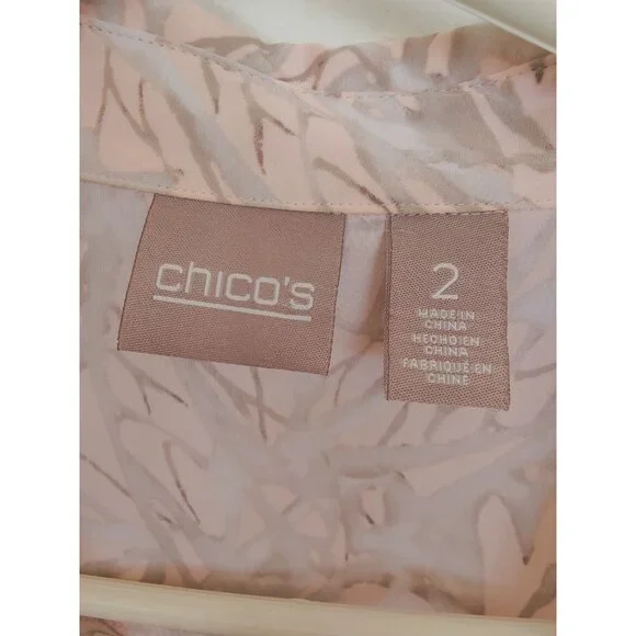 Chico's Peach Gray Satin Abstract Butterfly LS Roll-Tab Button-Up Top 2 (L/12) - Picture 6 of 9